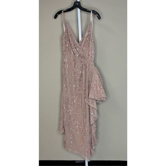 Mac Duggal NWT Sequined Faux Wrap Ruffle Asymmetrical Hem Dress in Mocha Size 14 - Picture 4 of 8